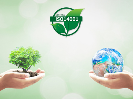 Two hands holding a tree and earth globe to represent that Green Ewaste Recycling Center is ISO-14001 Certified and a Responsible E-waste Recycler